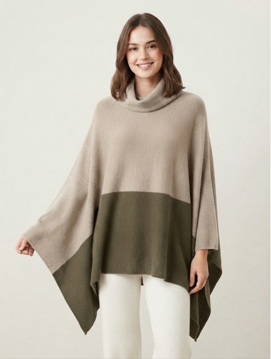 Super Soft Turtle Neck Side Slit Two-Tone Poncho Super Soft Turtle Neck Side Slit Two-Tone Poncho